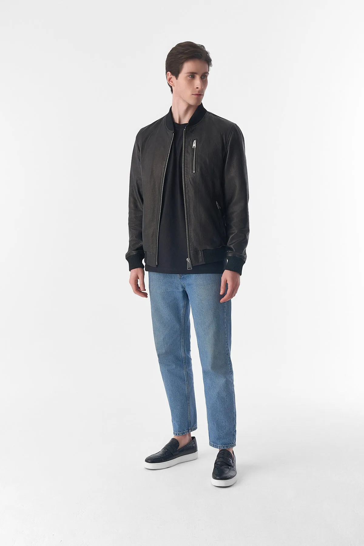 Genuine Leather Bomber Jacket, Natural Grain Black