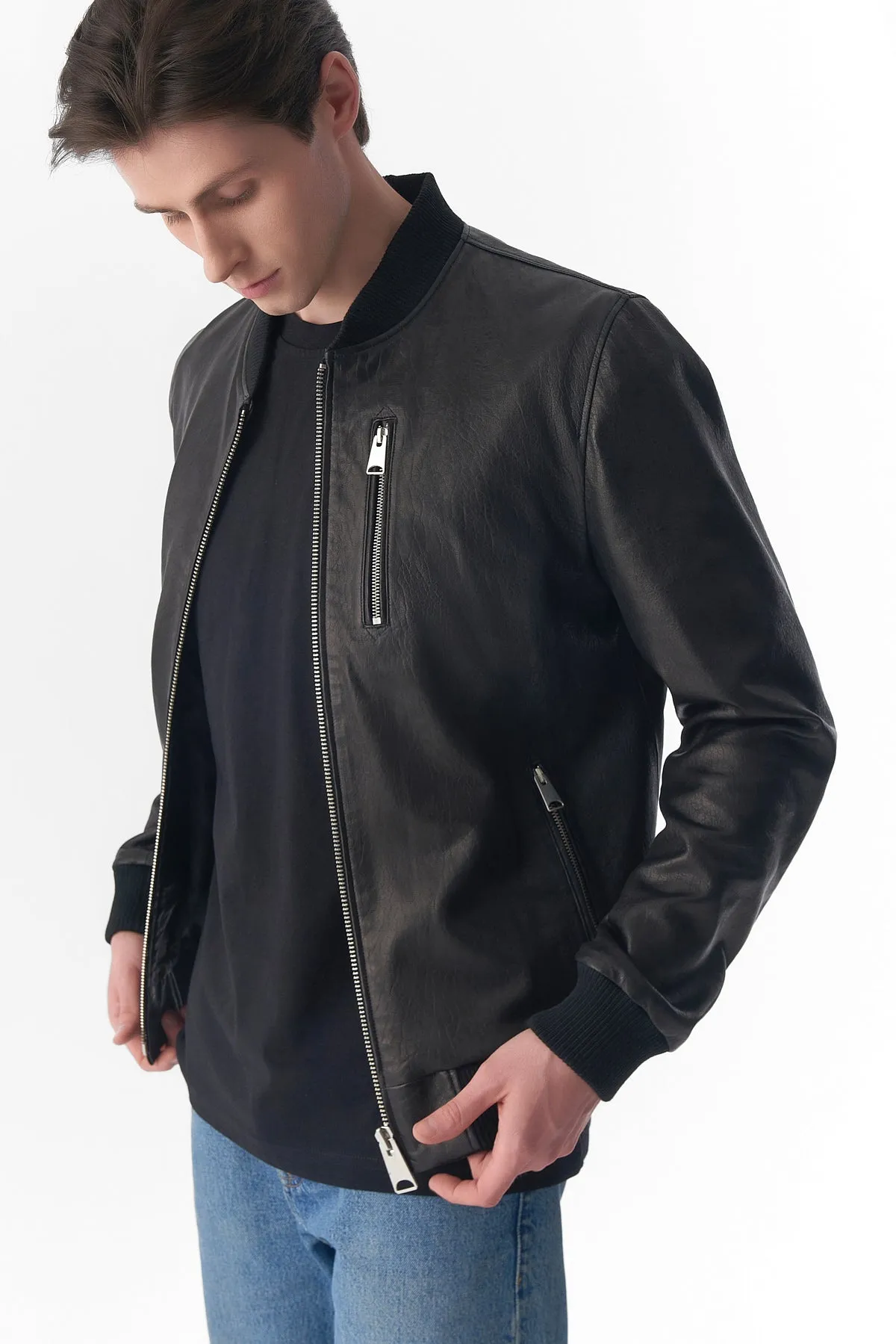 Genuine Leather Bomber Jacket, Natural Grain Black