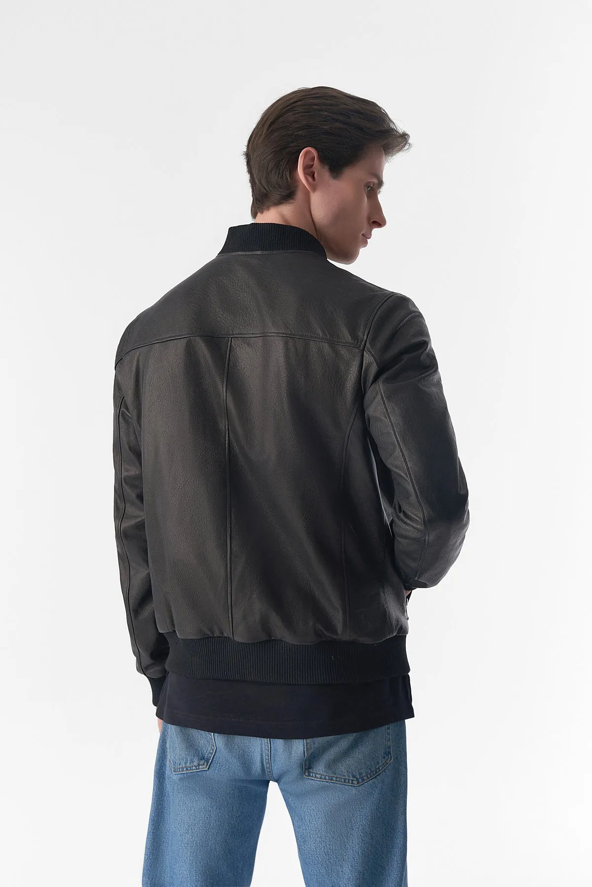 Genuine Leather Bomber Jacket, Natural Grain Black