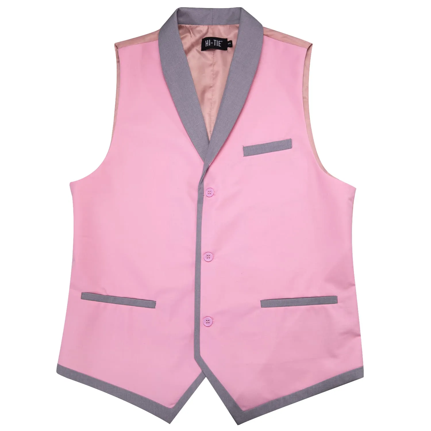 Hi-Tie Grey Shawl Collar Pink Solid Waistcoat Formal Vests for Business