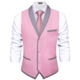 Hi-Tie Grey Shawl Collar Pink Solid Waistcoat Formal Vests for Business