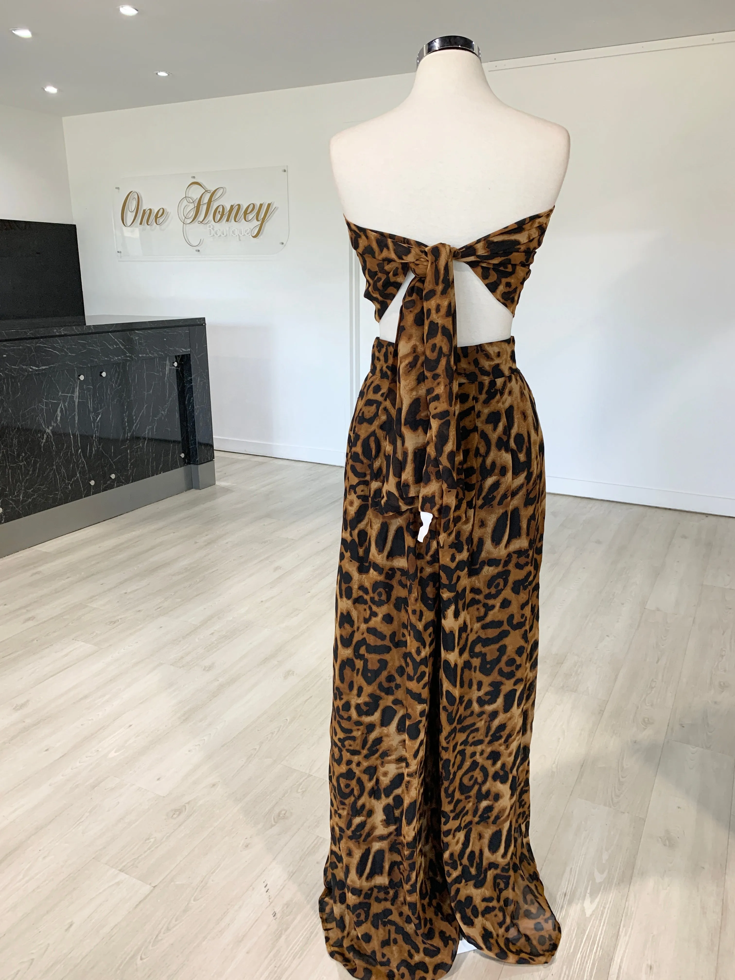 Honey Couture Brown Leopard Tie Bandeau w High Waisted Pants