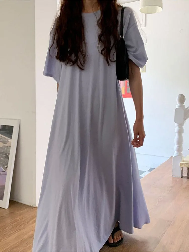 Loose Comfy Solid Color Short Sleeve Long Dress