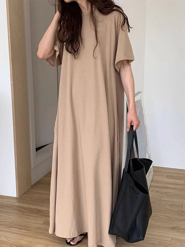 Loose Comfy Solid Color Short Sleeve Long Dress