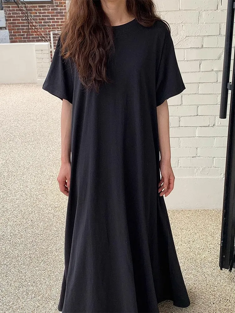 Loose Comfy Solid Color Short Sleeve Long Dress