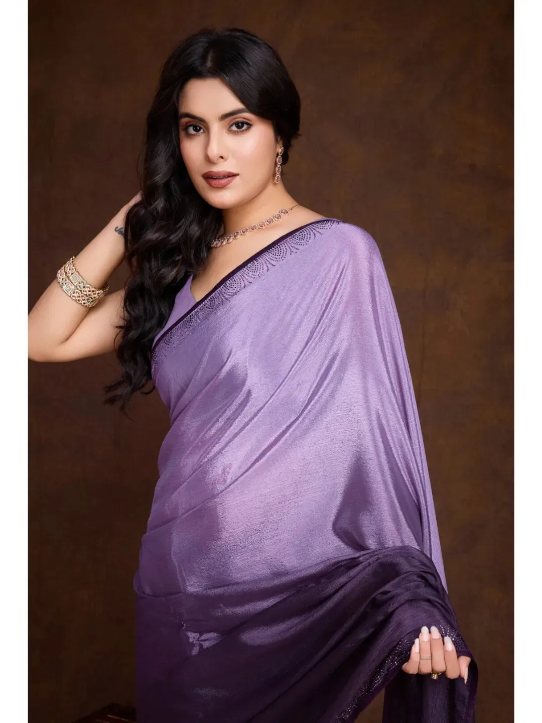 Luxurious Lavender Shaded Chinon Swarovski Worked Saree