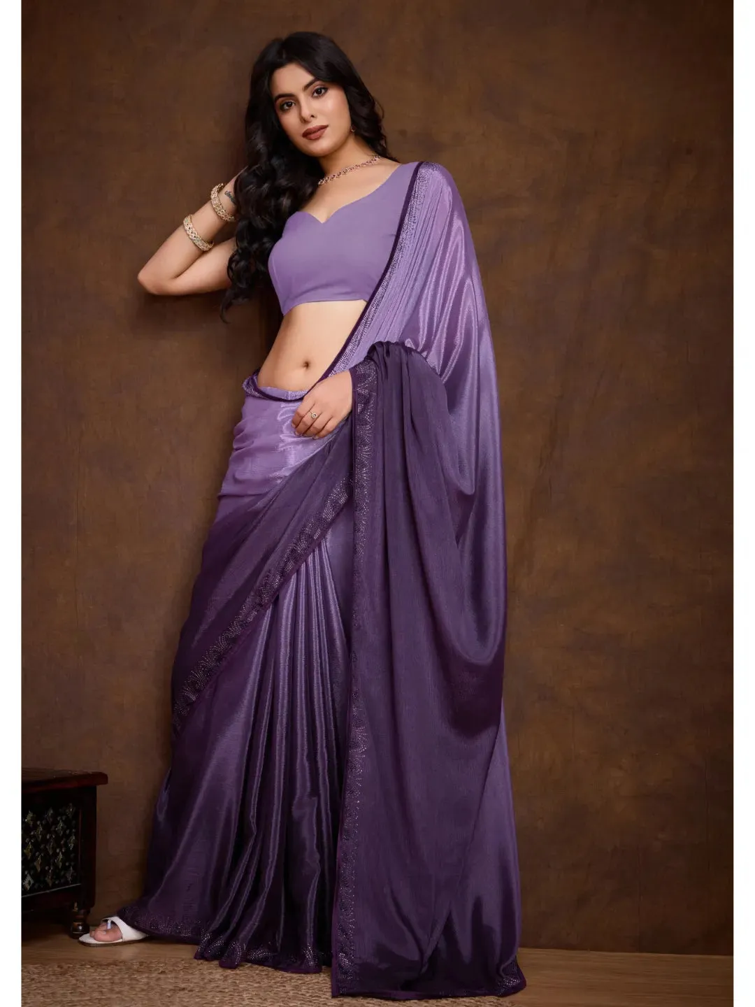 Luxurious Lavender Shaded Chinon Swarovski Worked Saree