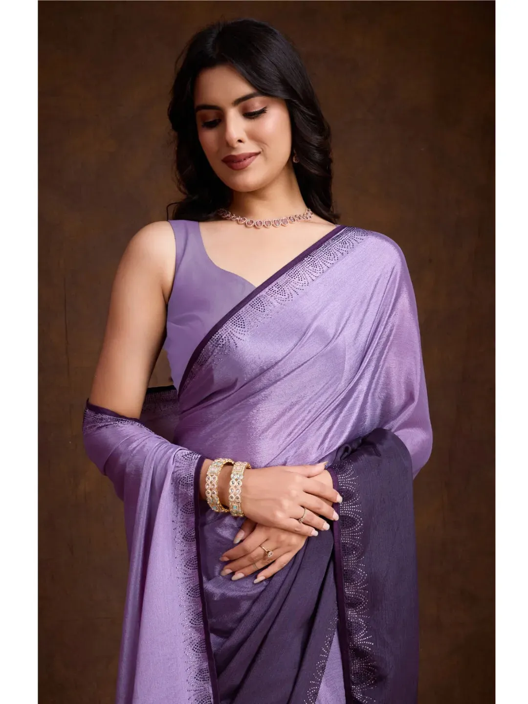 Luxurious Lavender Shaded Chinon Swarovski Worked Saree