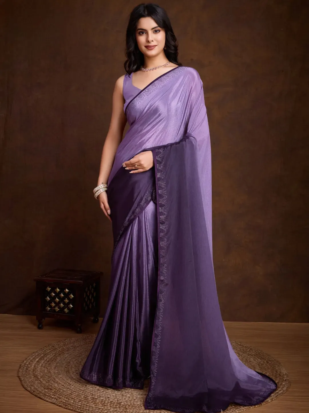 Luxurious Lavender Shaded Chinon Swarovski Worked Saree