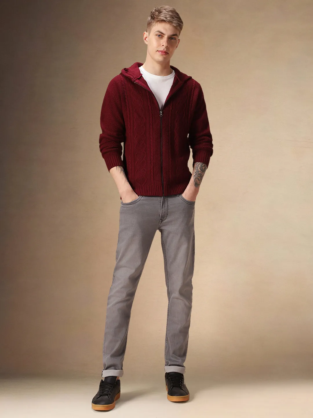 Men's Maroon Self Design Full Sleeves Hooded Cardigan Sweater