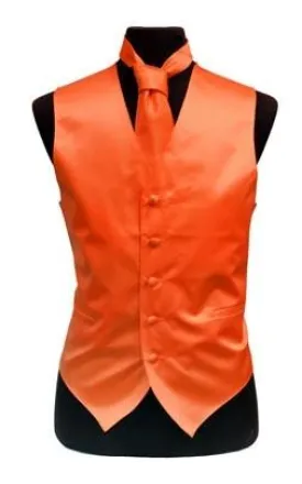 Men's Orange Satin Vest with Neck Tie