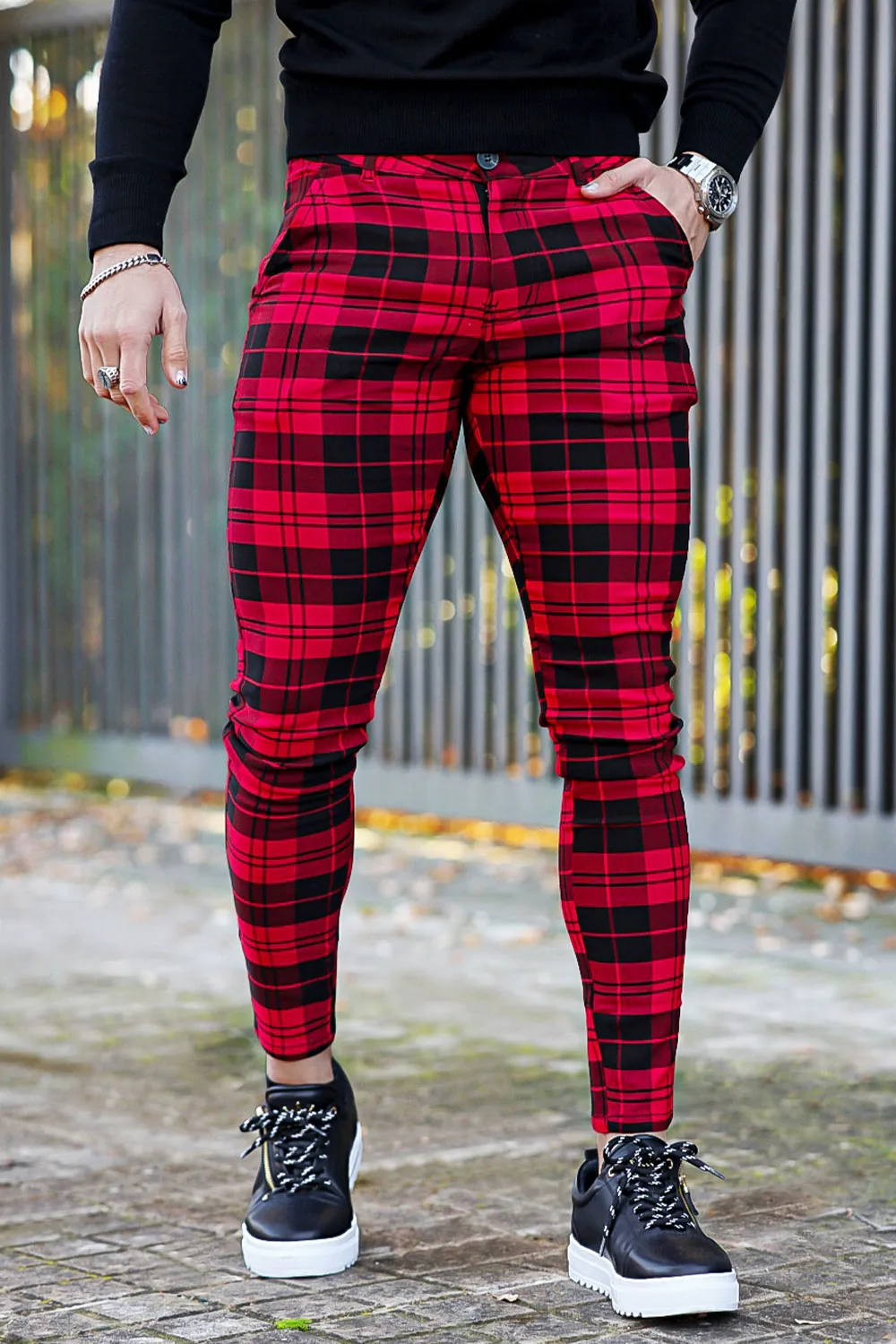 Mens Red And Black Plaid Skinny Pant