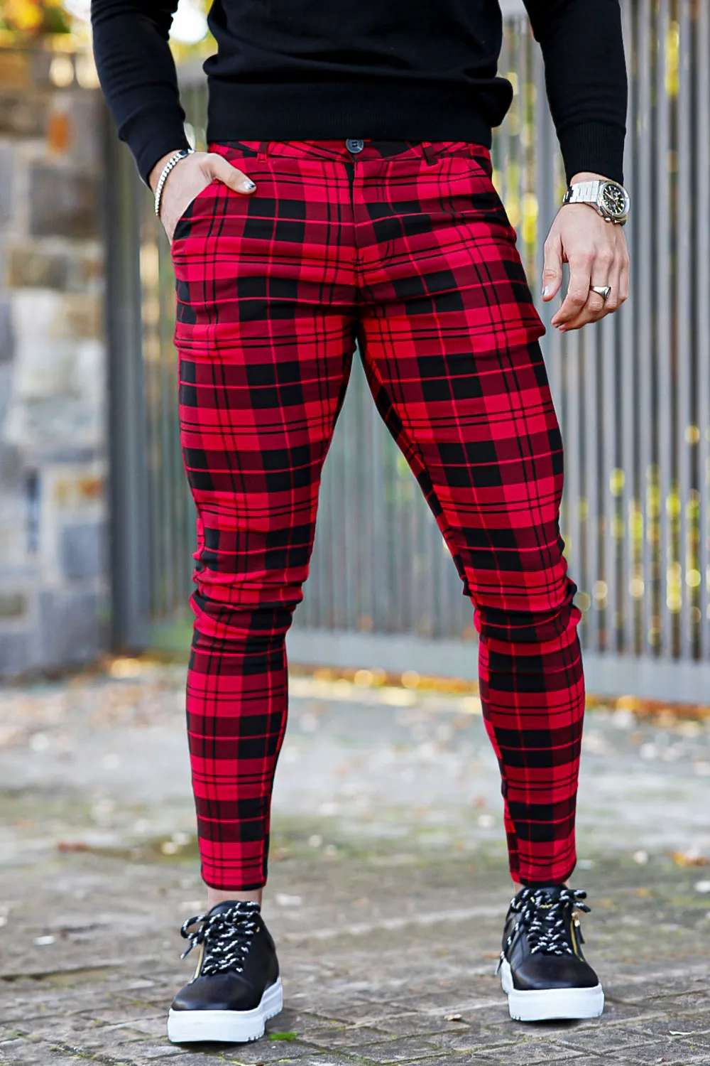 Mens Red And Black Plaid Skinny Pant