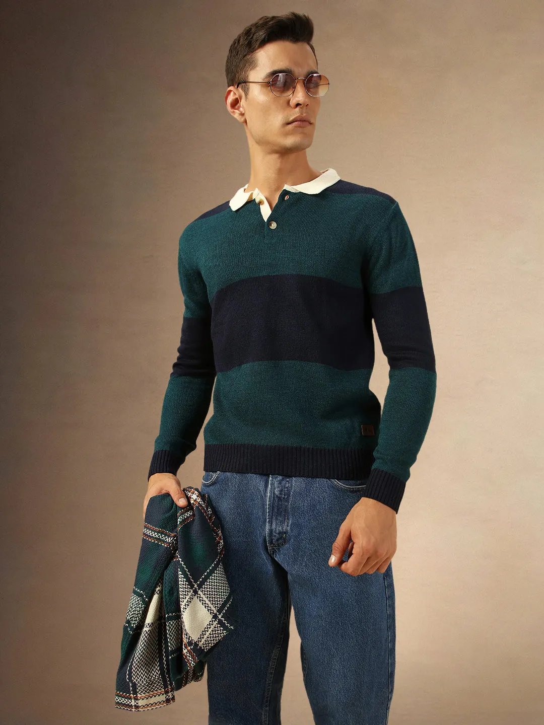 Men's Teal Striped Polo collar Full Sleeves Pullover Sweater