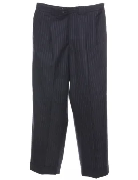 Navy & White Pinstriped Pleated Trousers - W35 L30