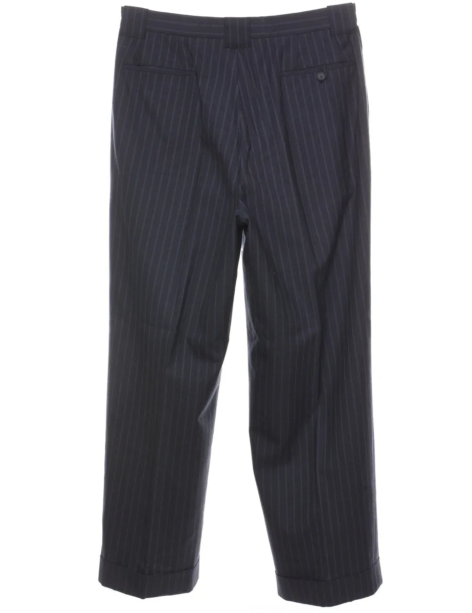 Navy & White Pinstriped Pleated Trousers - W35 L30