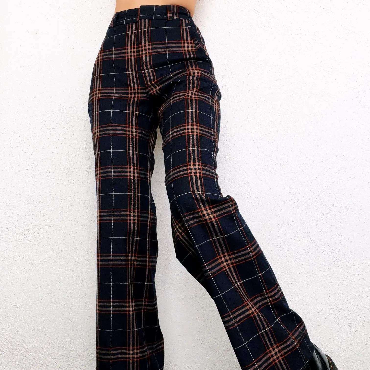 Navy Plaid High Waisted Pants