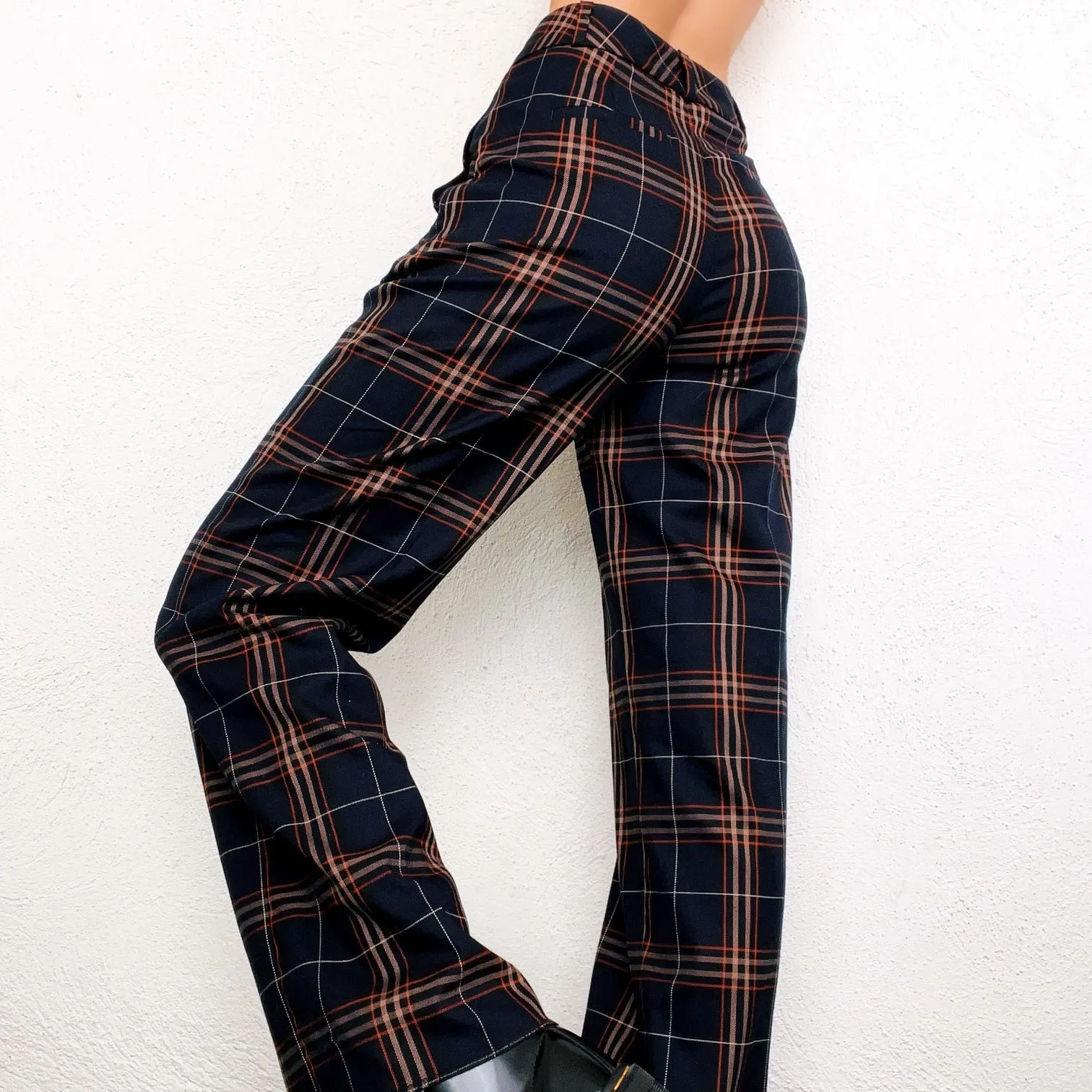 Navy Plaid High Waisted Pants