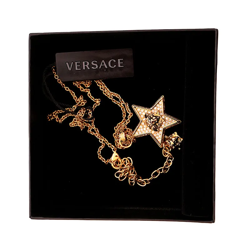 NEW $595 VERSACE RUNWAY Gold Tone Brass MEDUSA CRYSTAL Pave' CHARM STAR NECKLACE