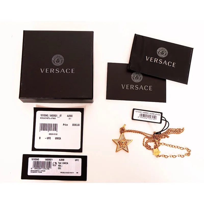 NEW $595 VERSACE RUNWAY Gold Tone Brass MEDUSA CRYSTAL Pave' CHARM STAR NECKLACE