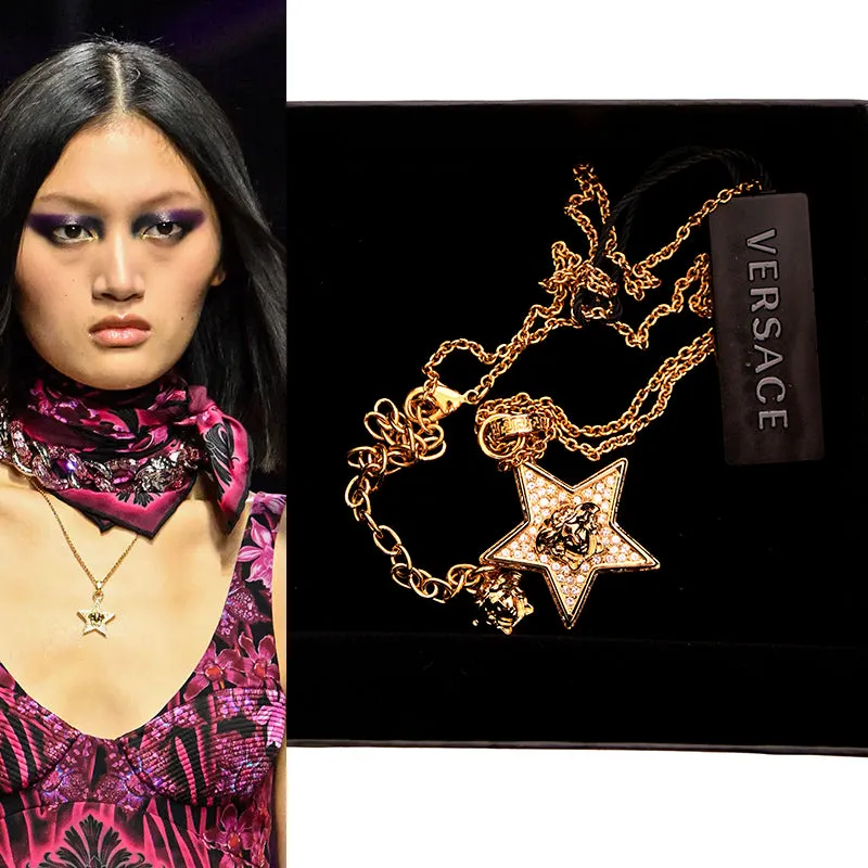 NEW $595 VERSACE RUNWAY Gold Tone Brass MEDUSA CRYSTAL Pave' CHARM STAR NECKLACE