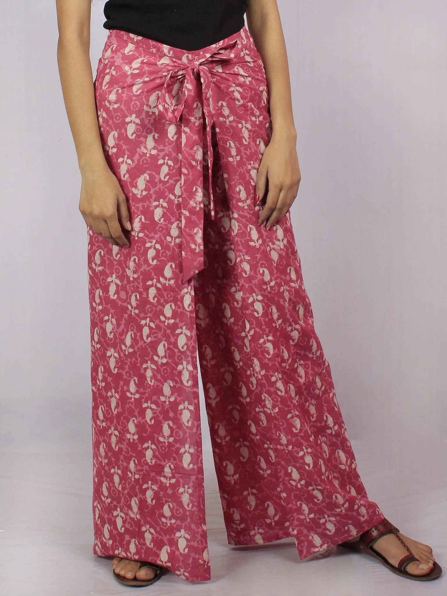 Pink Ivory Hand Block Dabu Printed Free Size Tie Up Wrap Around Trousers - T0317044