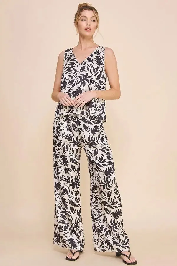 PRINTED SATIN HIGH WAISTED WIDE LEG PANTS