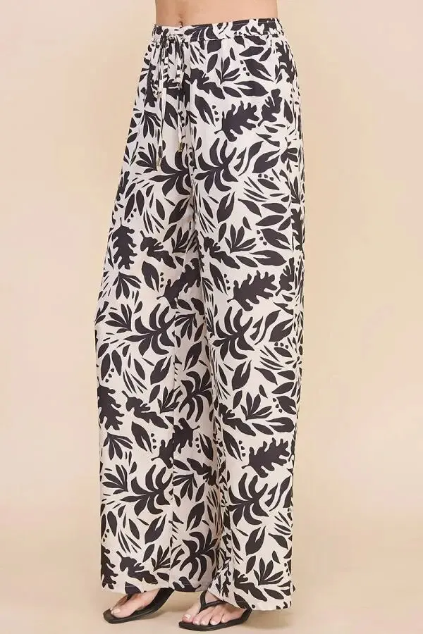 PRINTED SATIN HIGH WAISTED WIDE LEG PANTS