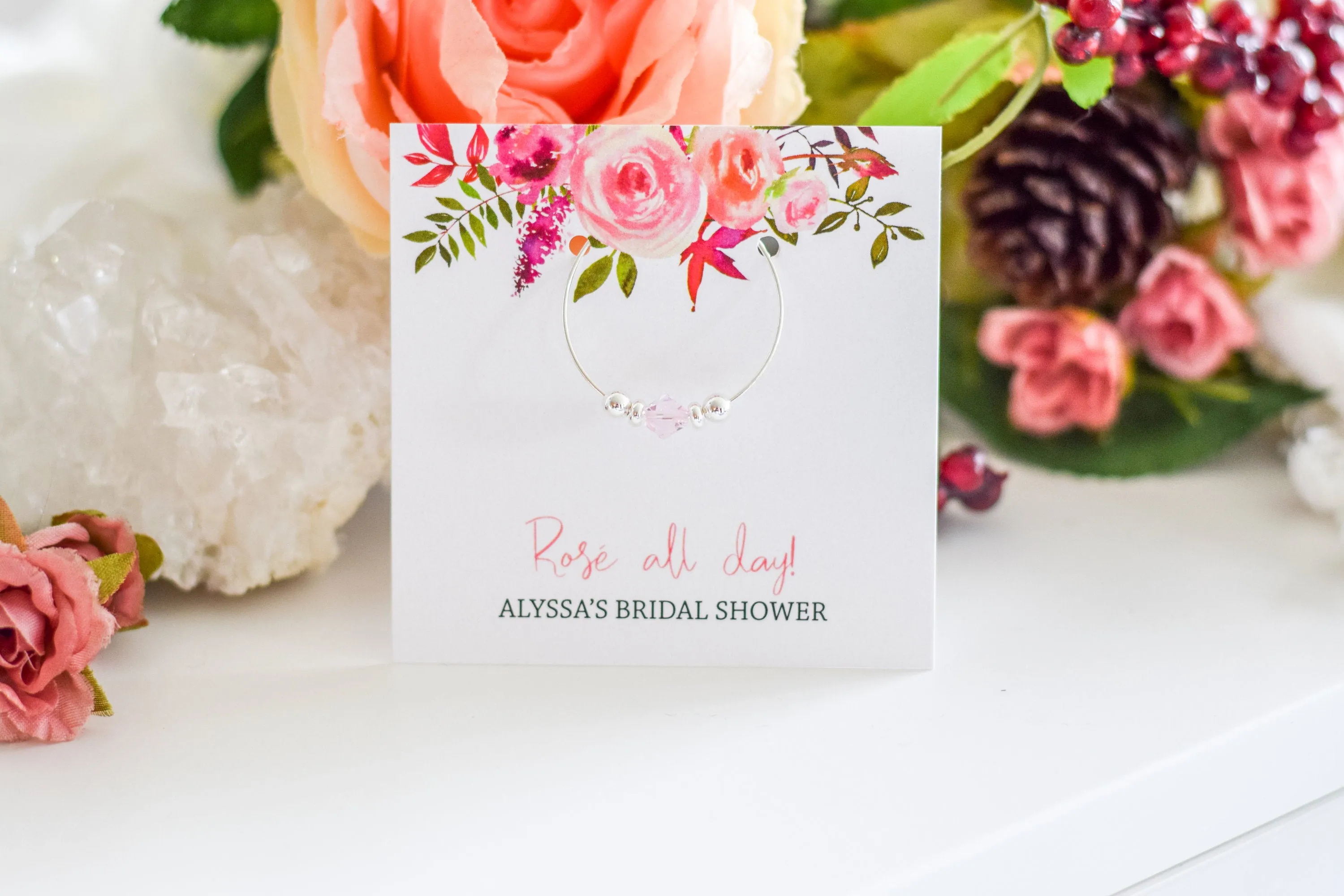 Rosé All Day Bridal Shower Favors, Swarovski Crystal Wine Charm