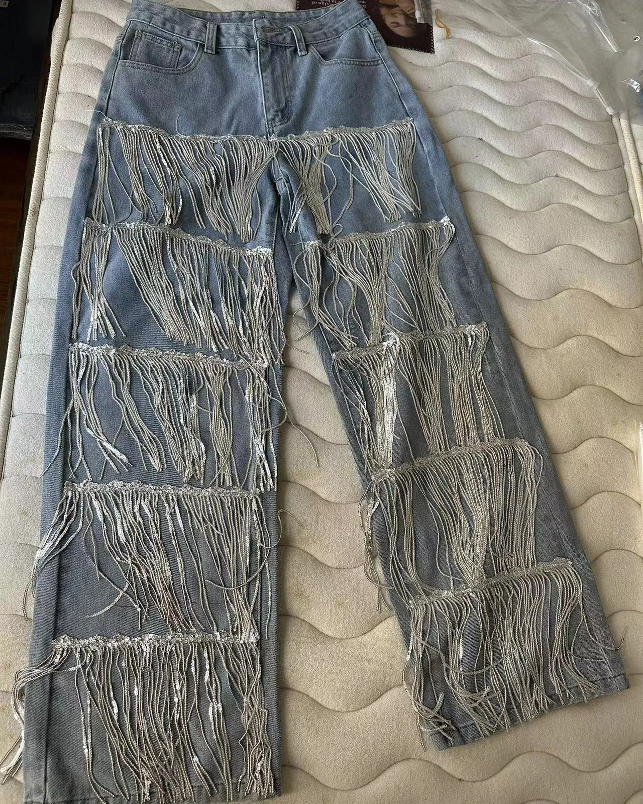 Sequined Fringed Straight-Leg Jeans