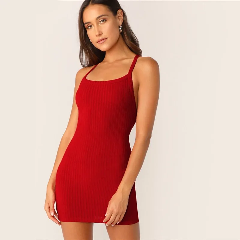 Sexy Red Crisscross Backless Rib-Knit Bodycon Summer Dress Women Spaghetti Strap Sleeveless High Street Slip Mini Dresses