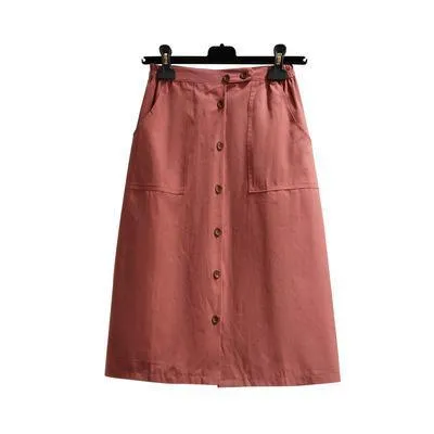 Single-breasted One Slice Type High Waist Khaki Skirt