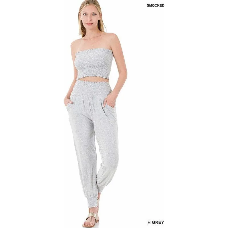 Smocked tube top & jogger pants