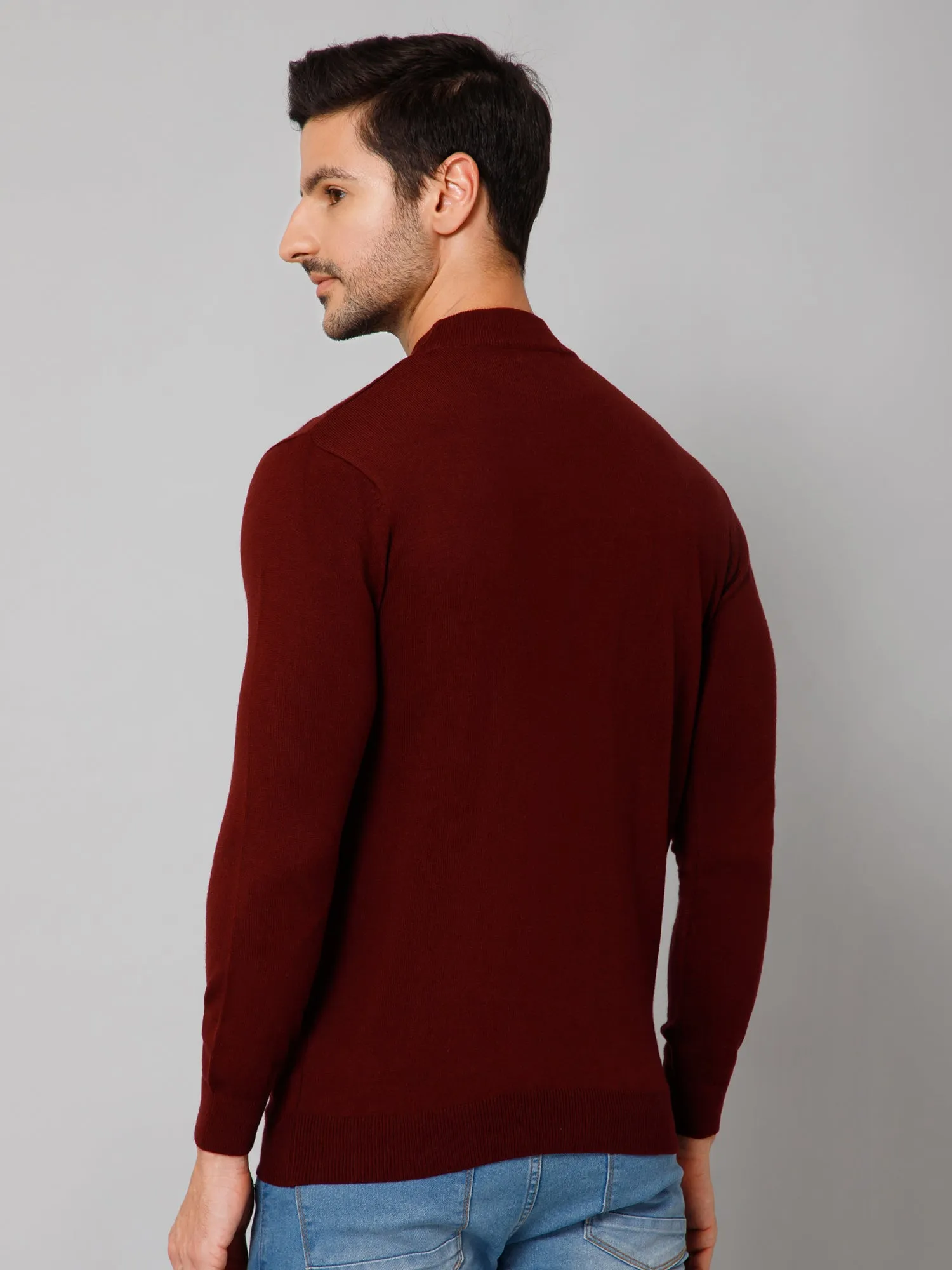 Solid Maroon Full Sleeves Round Neck Regular Fit Casual Sweater for Men