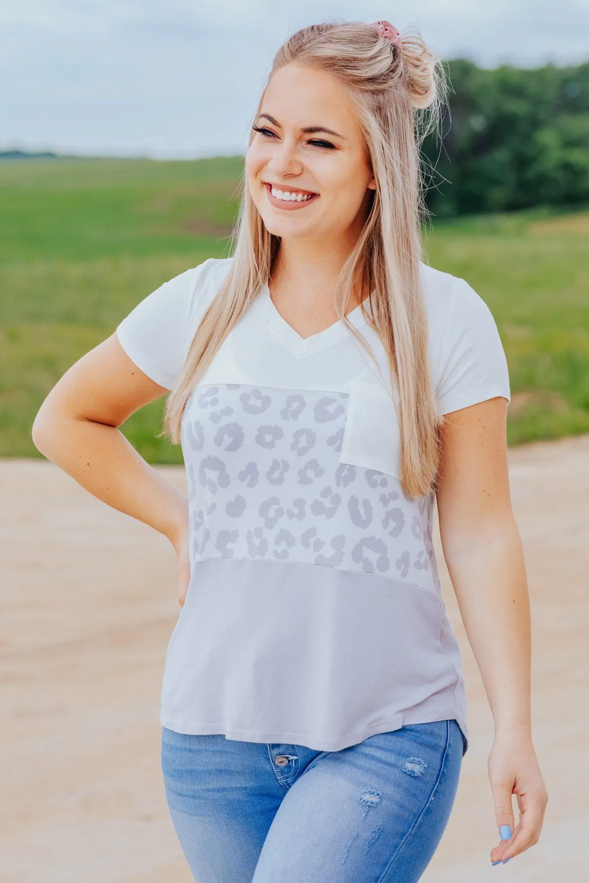 Take The Time V Neck Colorblock Top In Grey