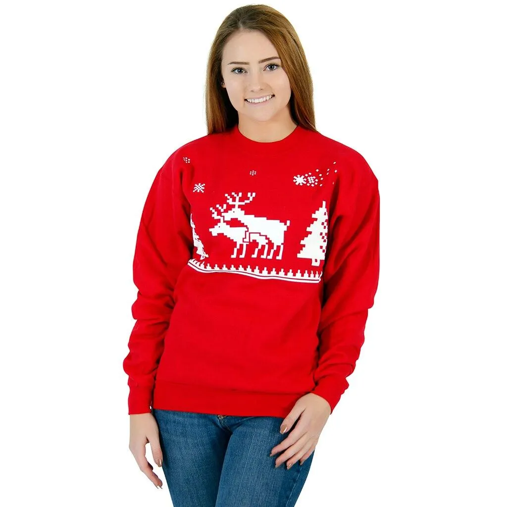 Ugly Christmas Humping Reindeer & Pine Trees 8-Bit Red Sweatshirt