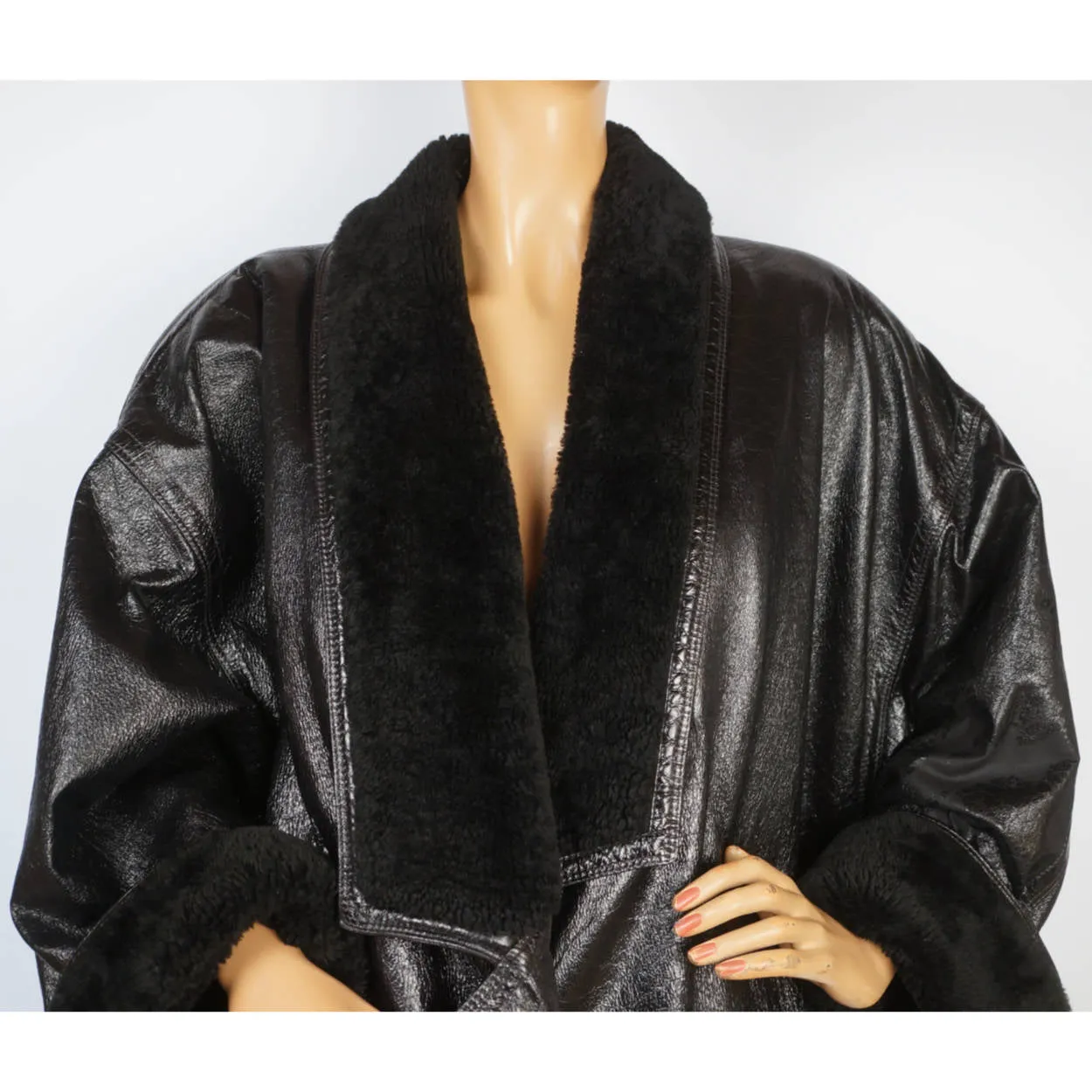 Vintage 1980s Gianni Versace Black Vinyl Coat with Plush Trim Size L