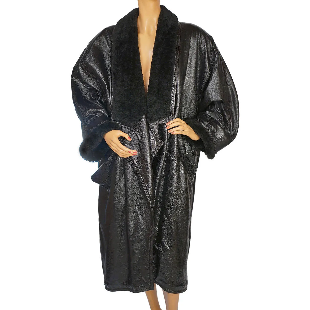 Vintage 1980s Gianni Versace Black Vinyl Coat with Plush Trim Size L