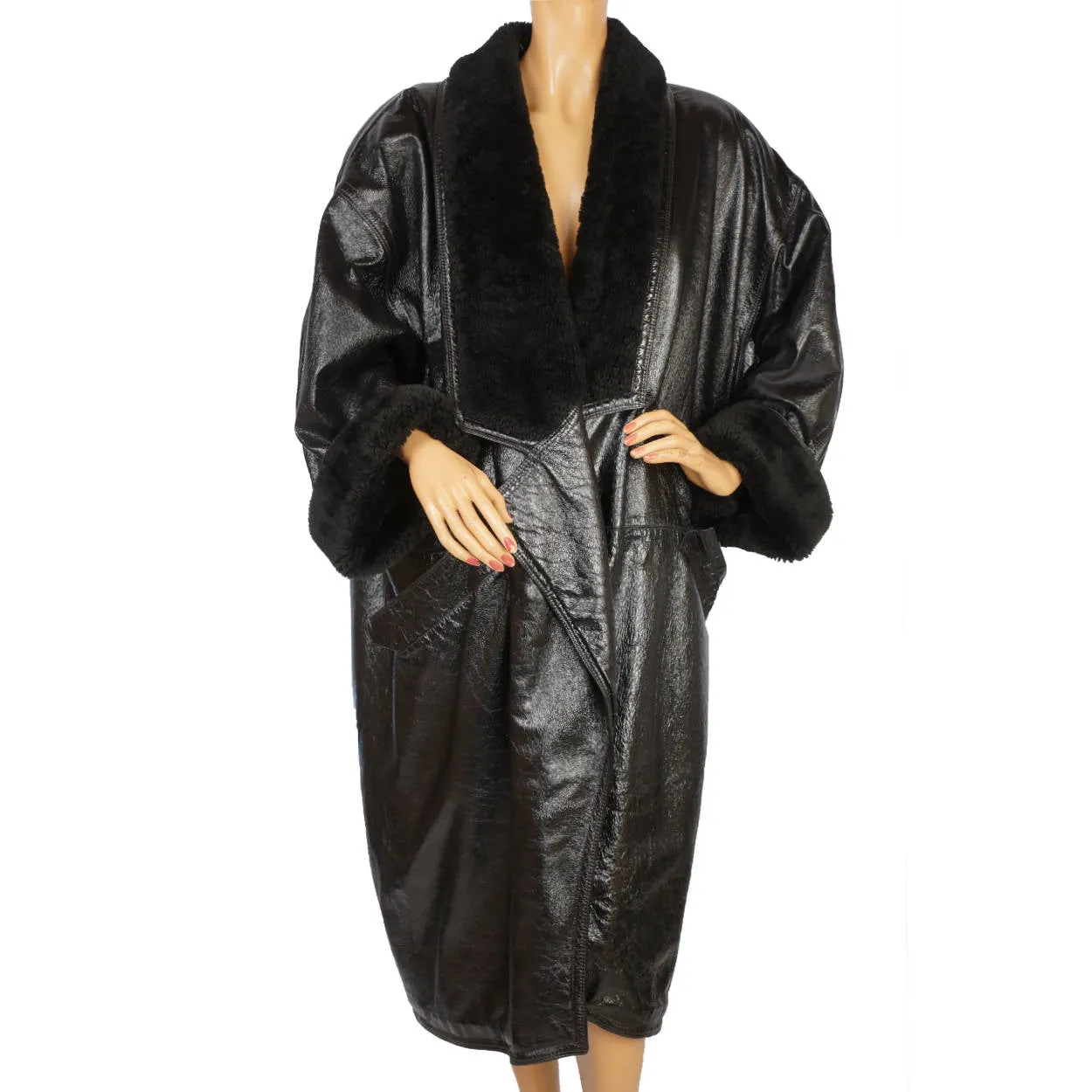 Vintage 1980s Gianni Versace Black Vinyl Coat with Plush Trim Size L