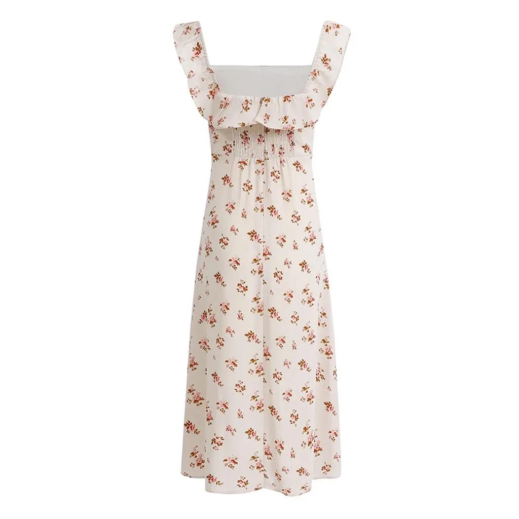 Vintage Ruffle Square Neck Sleeveless Split Midi Floral Print Sundress