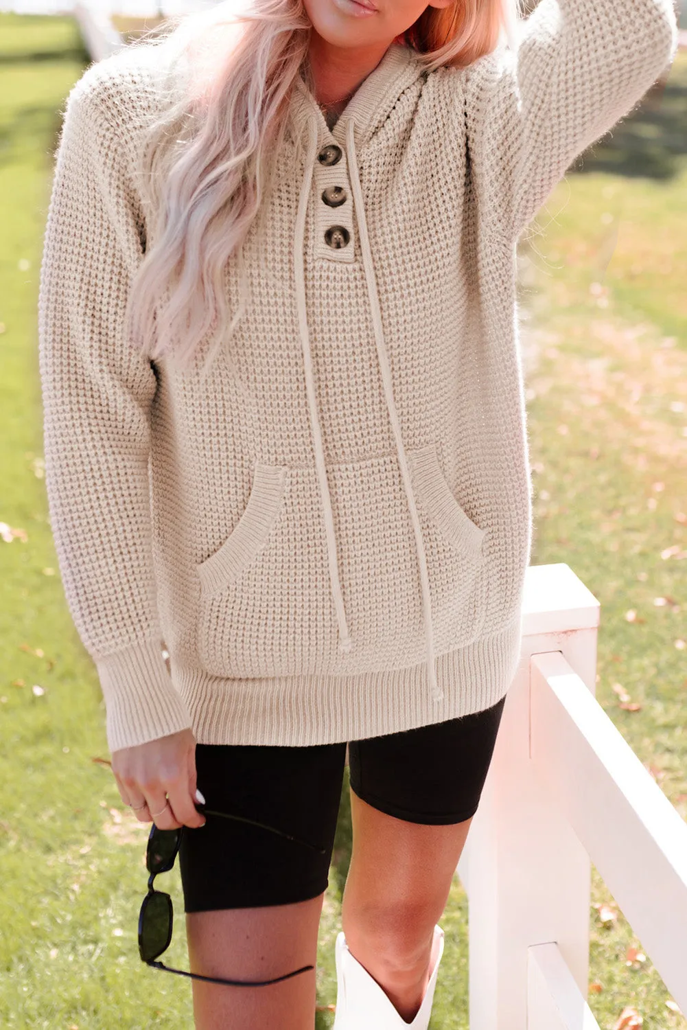 Waffle Knit Buttons Hooded Sweater