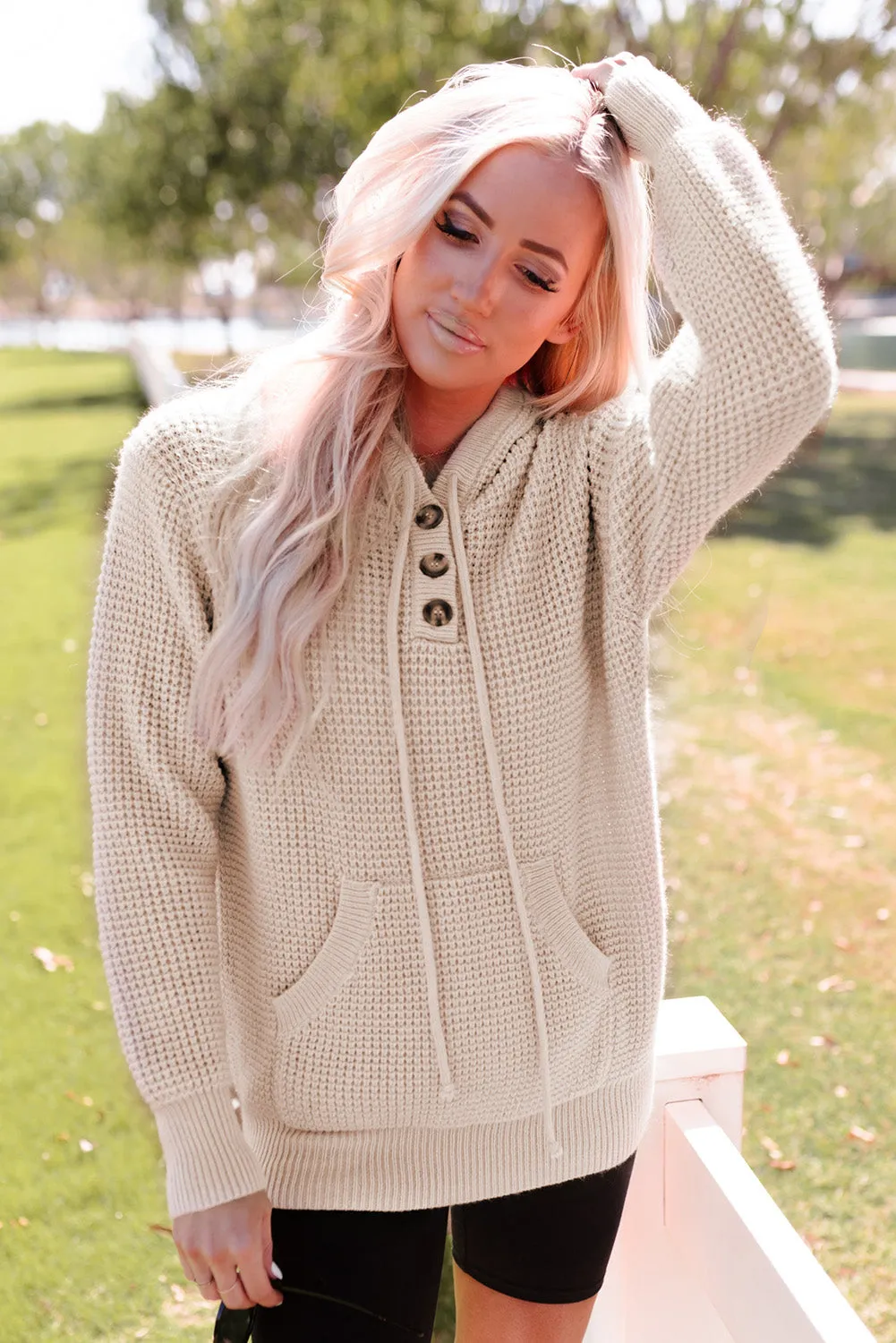 Waffle Knit Buttons Hooded Sweater