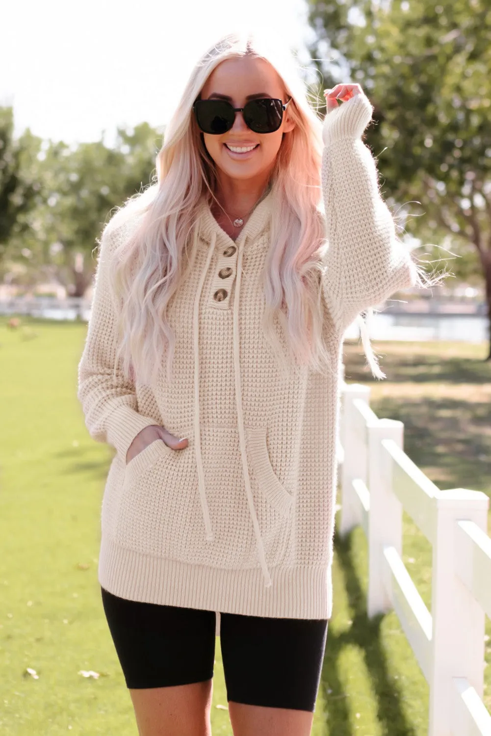 Waffle Knit Buttons Hooded Sweater