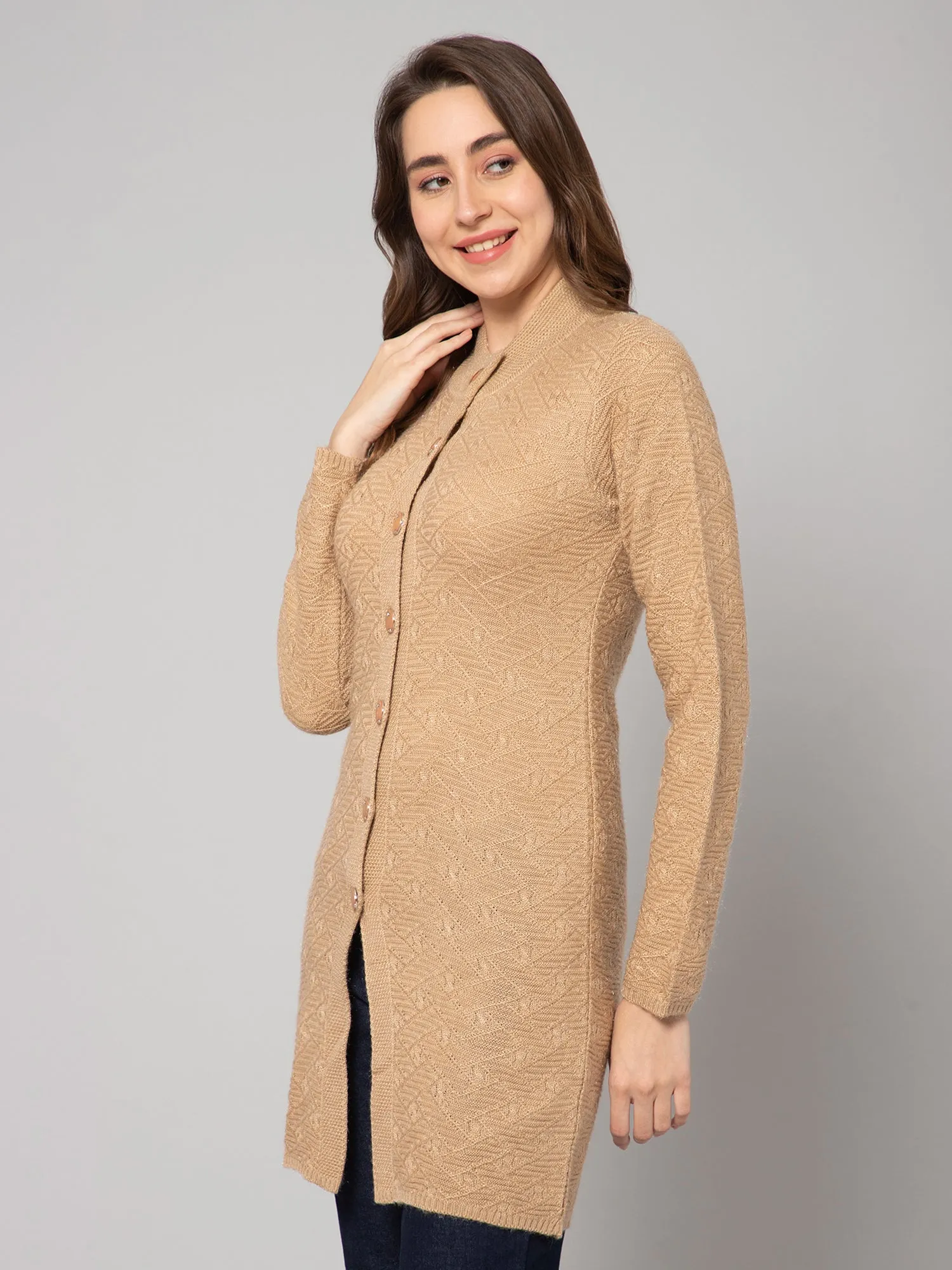 Women's Casual  Beige Round neck Long Cardigan Sweater