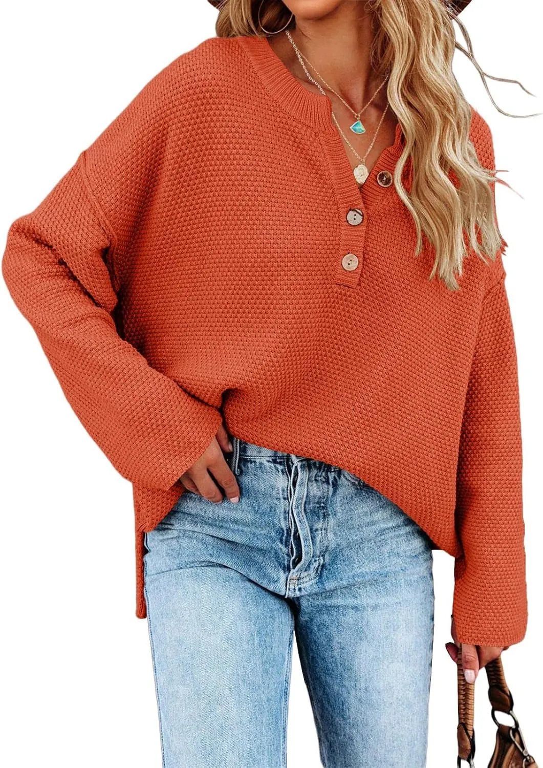 Women'S Oversized Sweaters Batwing Long Sleeve Loose V Neck Button Henley Tops Pullover Knit Jumper