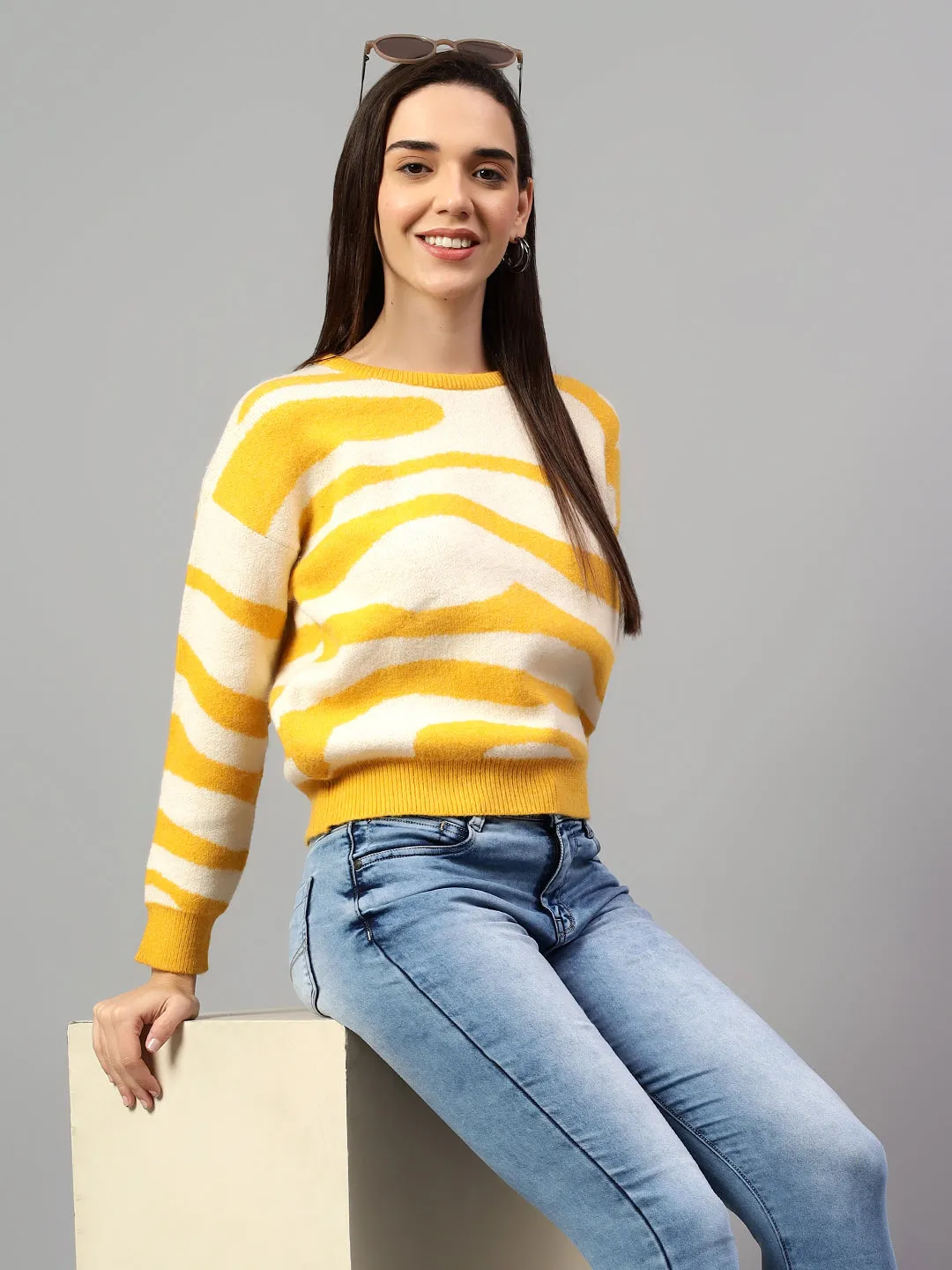 Women's Self Design Yellow Full Sleeve Casual Sweater